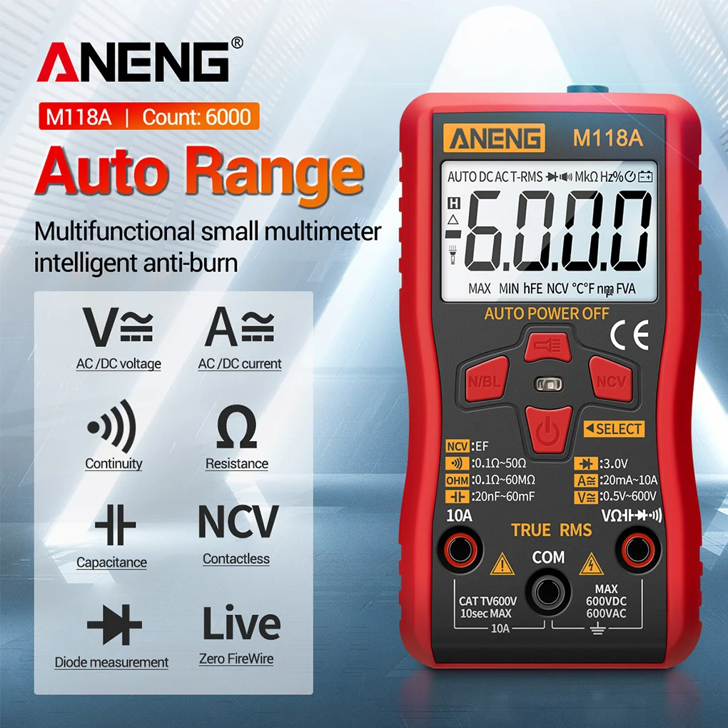 Multimeter Digital Display Backlight Voltage Tester Current Resistance Detector Electrical With Flashlight ANENG Mini M118A
Multimeter Digital Display Backlight Voltage Tester Current Resistance Detector Electrical With Flashlight ANENG Mini M118A
