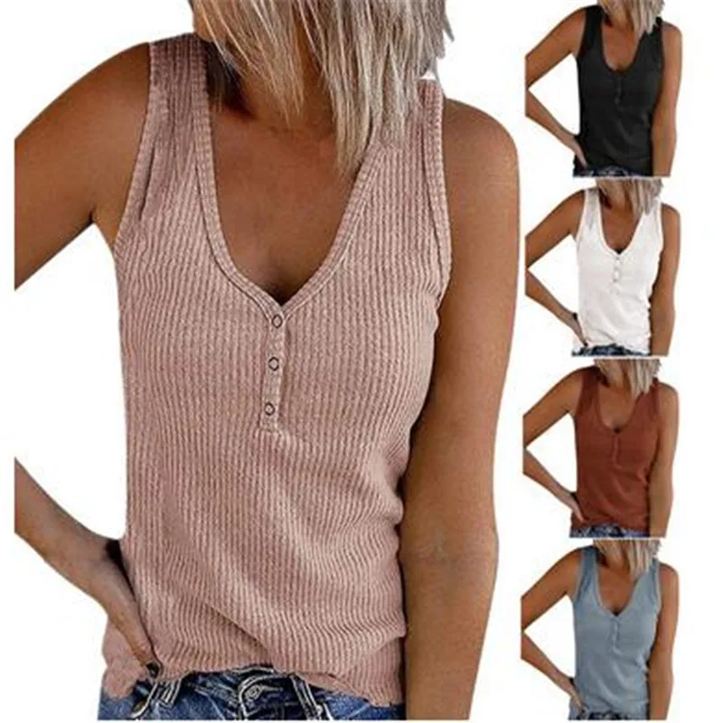 Summer Buttons Tank Top Women Camisole T-shirt Solid V-Neck Sleeveless Knitted Sexy Casual Plus Size Tee Shirt Femme T-shirts
Summer Buttons Tank Top Women Camisole T-shirt Solid V-Neck Sleeveless Knitted Sexy Casual Plus Size Tee Shirt Femme T-shirts