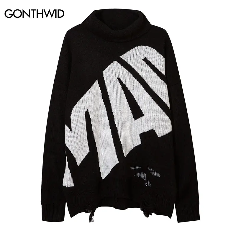 Hip Hop Turtleneck Sweater Streetwear Harujuku Letter Knitted Pullover Korean Ripped Hole Sweaters Autumn Casual Sweater Black
Hip Hop Turtleneck Sweater Streetwear Harujuku Letter Knitted Pullover Korean Ripped Hole Sweaters Autumn Casual Sweater Black