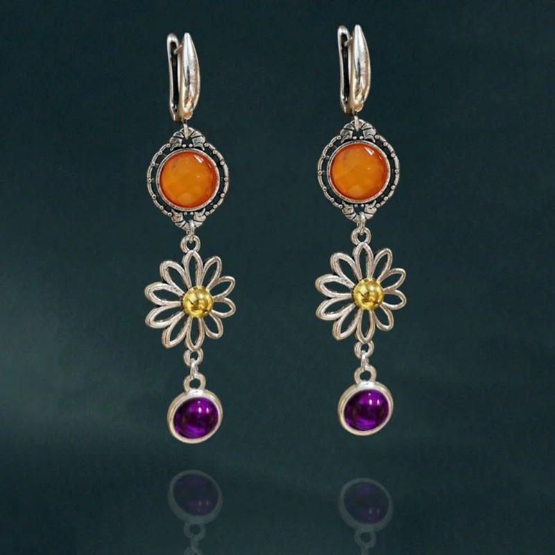 Vintage Hollow Flower Round Orange Earrings Silver Color Accessories Purple Stone Statement Drop Earrings for Women
Vintage Hollow Flower Round Orange Earrings Silver Color Accessories Purple Stone Statement Drop Earrings for Women