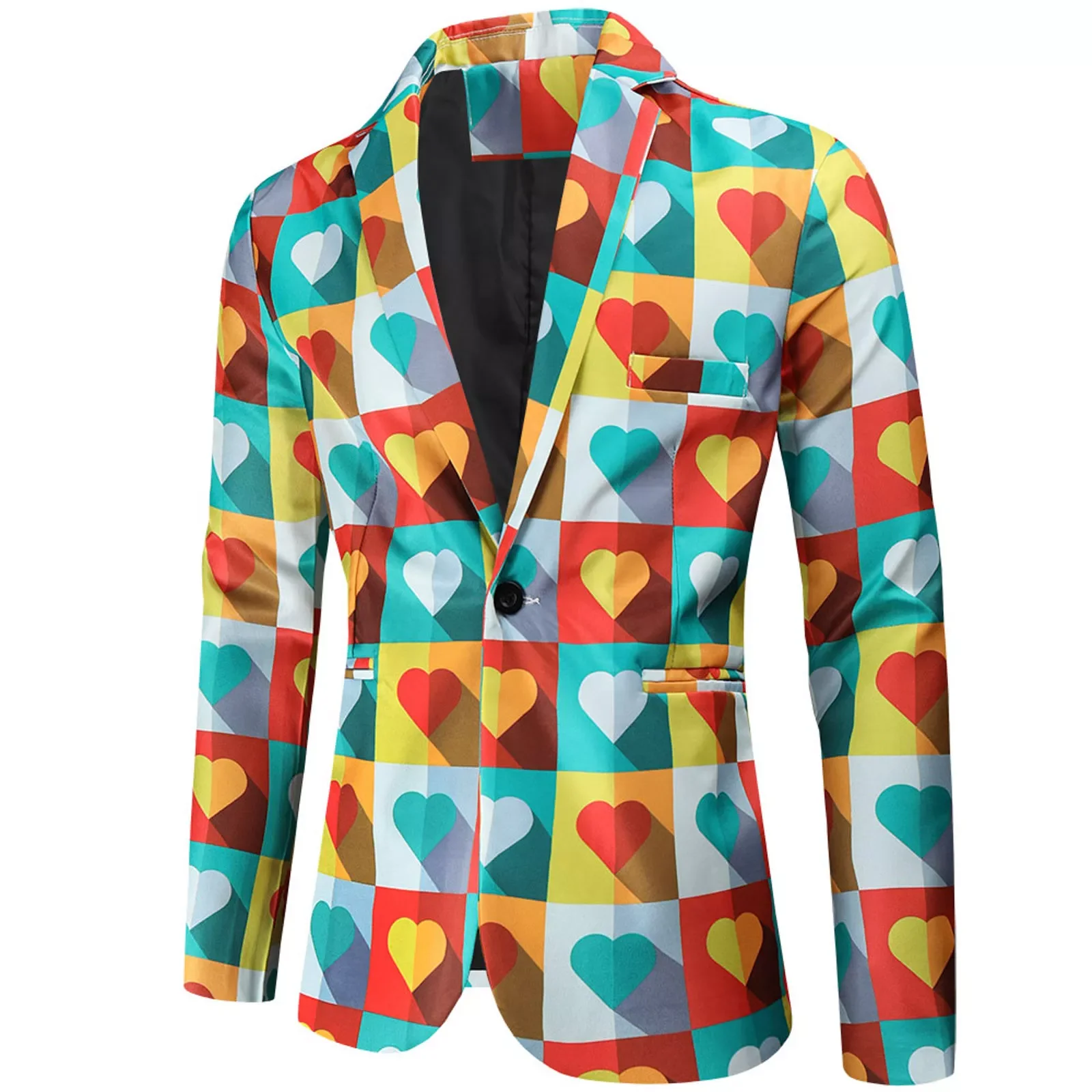 Мужской пиджак с карманами на пуговицах, однобортный пиджак с принтом сердец и пряжкой 
Мужской пиджак с карманами на пуговицах, однобортный пиджак с принтом сердец и пряжкой