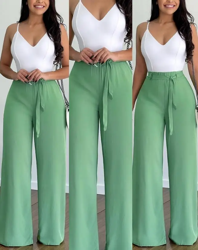 

Two Piece Sets Women Outifits 2023 Summer Fashion V-Neck Sleeveless Plain Cami Top & Casual Tied Detail Wide Leg Daily Pants Set