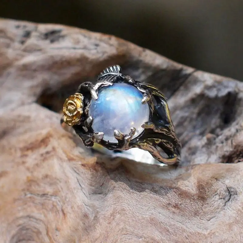 

Vintage Moonstone Ring For Women Female Charming Jewelry Gift Wedding Statement Ring Black Jewelry Gold Flower Finger Ring