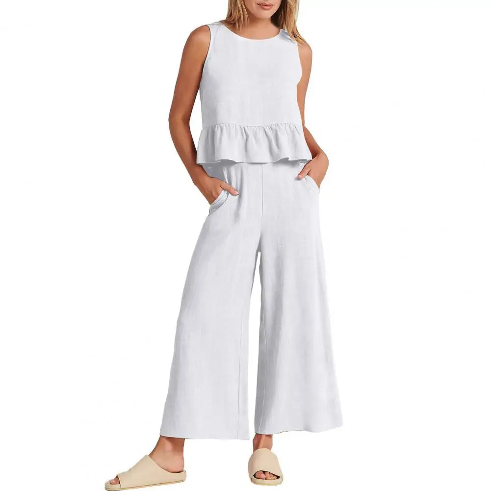 2 Pcs/Set Women Tank Top Pants Set Solid Color Ruffle Loose Wide Leg Sleeveless Keep Cooling Casual O Neck Lady Top Trousers Set
2 Pcs/Set Women Tank Top Pants Set Solid Color Ruffle Loose Wide Leg Sleeveless Keep Cooling Casual O Neck Lady Top Trousers Set