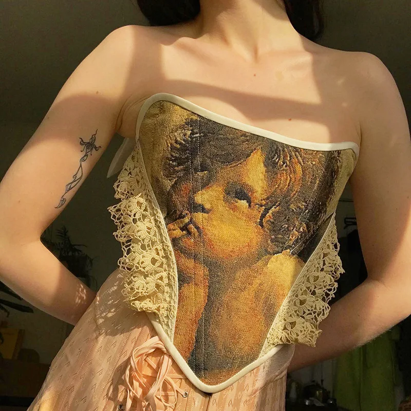 Women Vintage Corset Top 2022 Angel Painting Off Shoulder Lace Patchwork Y2k Cummerbunds Sexy Camis Cincher Underbust Bustier
Women Vintage Corset Top 2022 Angel Painting Off Shoulder Lace Patchwork Y2k Cummerbunds Sexy Camis Cincher Underbust Bustier