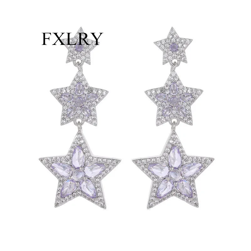 

FXLRY New Fashion Inlaid With Zircon S925 Silver Needle Long Three-layer Star Earrings For Women Fashion Party Jewelry