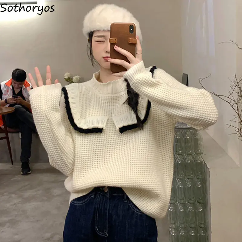 

Pullovers Women Spliced Design Tender Warm All-match Stylish Casual Panelled Simple Korean Style Ladies Ins Autumn Sweater Retro