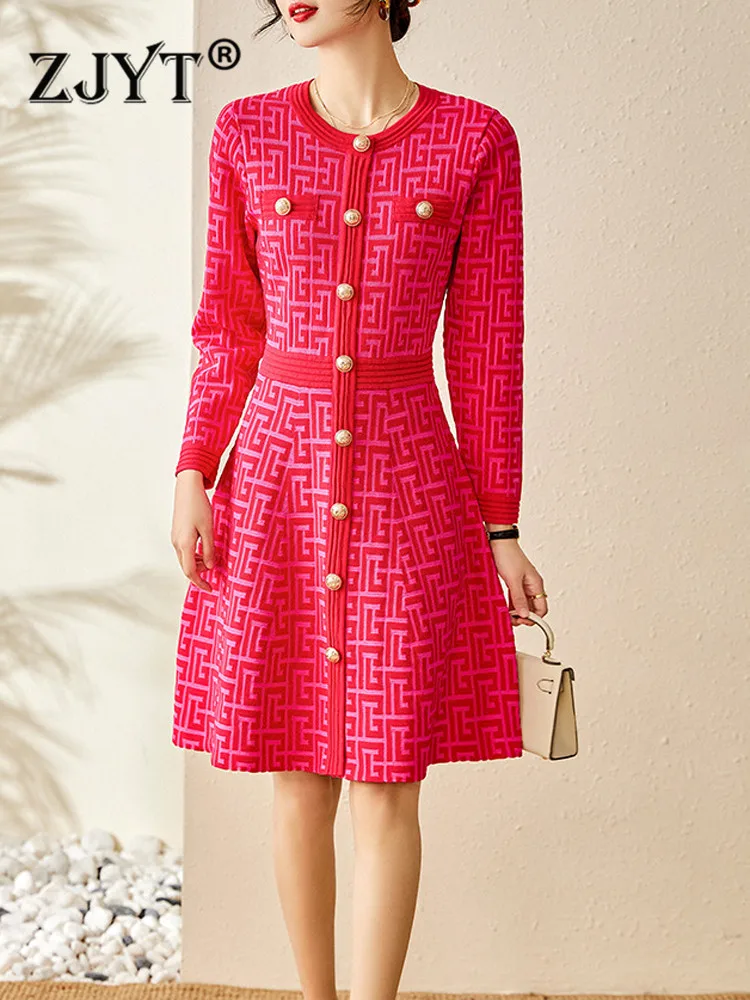 ZJYT Runway Fashion Geometric Patterns Knitted Sweater Dresses for Women Autumn Winter Elegant Buttons Knee Length Party Vestido
ZJYT Runway Fashion Geometric Patterns Knitted Sweater Dresses for Women Autumn Winter Elegant Buttons Knee Length Party Vestido