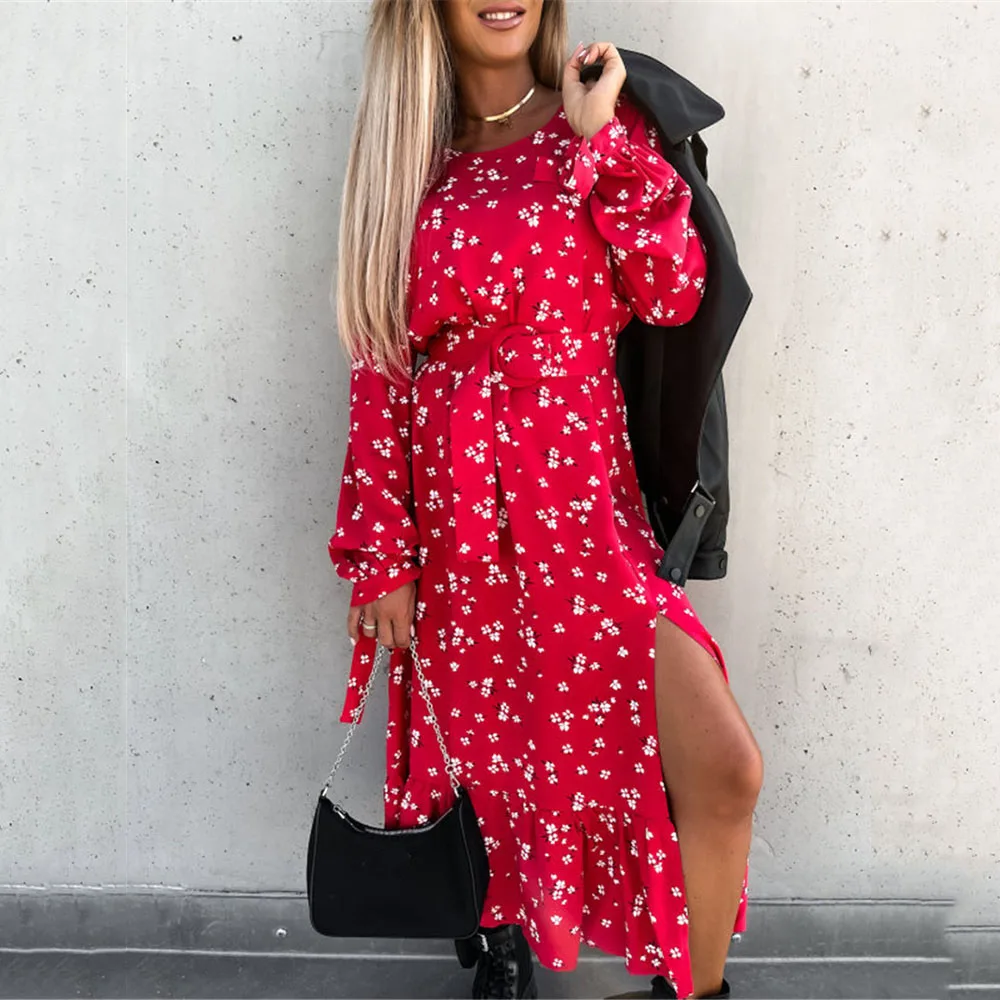 Women's Spring And Autumn Dresses Fashion O Neck Printing Loose Tie Mid-waist Split Fork Ruffle Woman Long Sleeved Dresses 2021
Women's Spring And Autumn Dresses Fashion O Neck Printing Loose Tie Mid-waist Split Fork Ruffle Woman Long Sleeved Dresses 2021