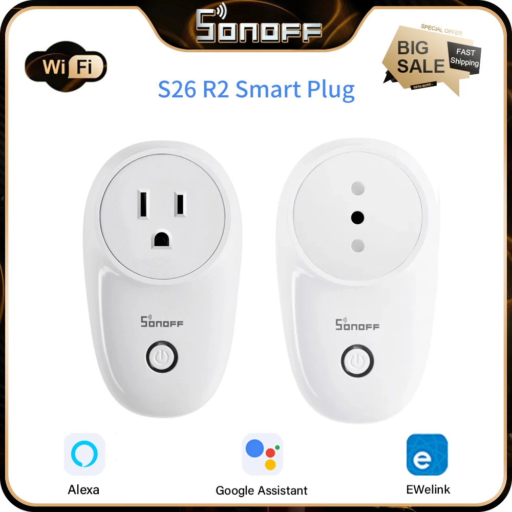 

Умная розетка SONOFF Wifi, умная розетка для дома S26 R2, умная вилка DE/FR, приложение eWLink, дистанционное управление, работает с Alexa Google Assistant