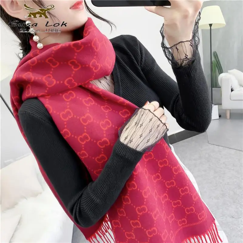 

New letters tassel Winter women luxury scarf keep warm core-spunshawl collar autumn air conditioning шарф бордовый женский