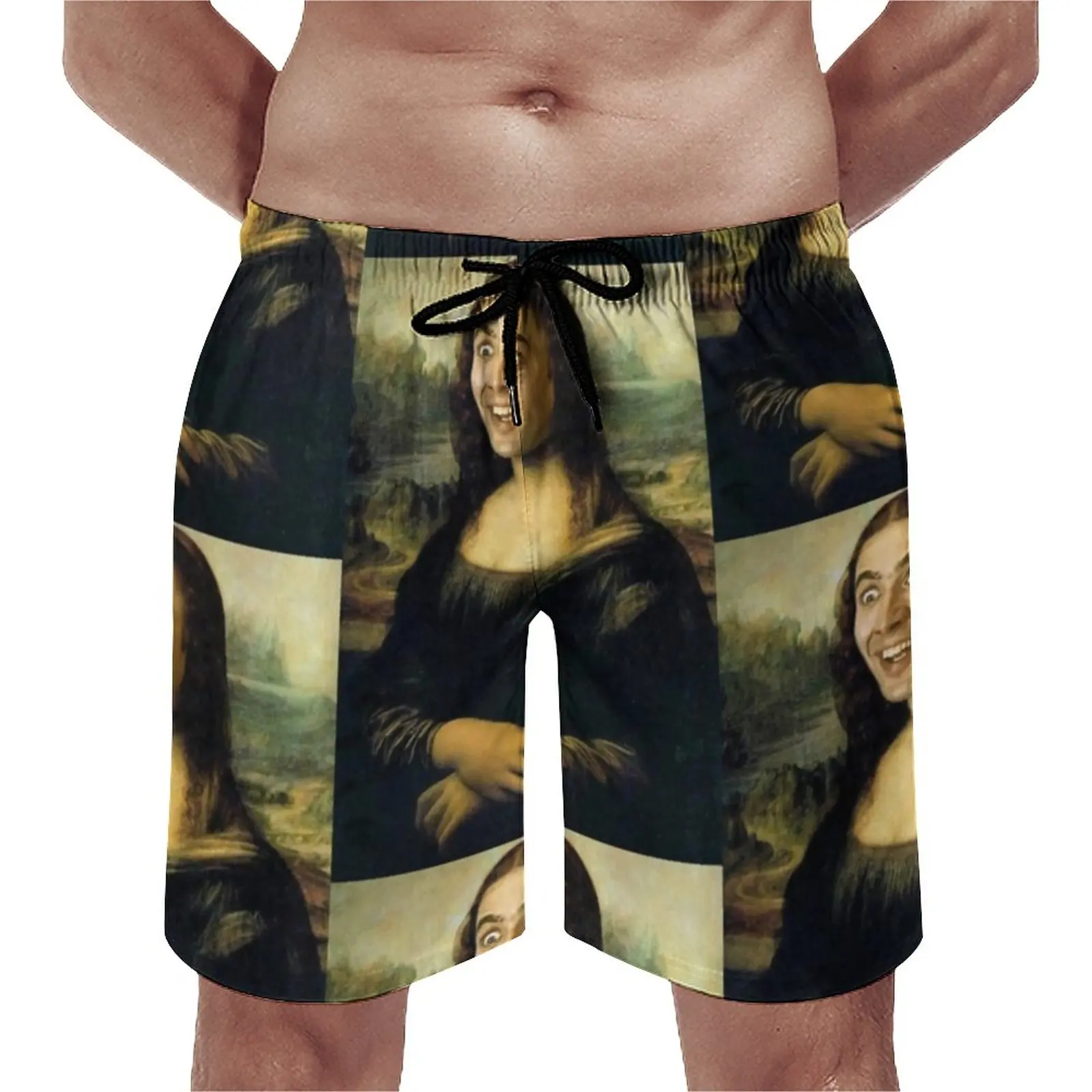

Nicolas Cage Meme Board Shorts Summer Funny Mona Lisa Sports Surf Beach Short Pants Men Quick Dry Casual Plus Size Swim Trunks