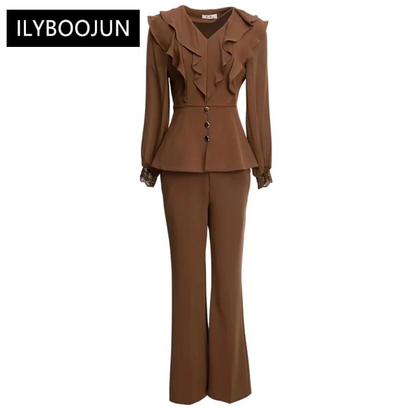 Two Piece Sets Womens Outifits 2022 Runway Autumn luxurious Fashion V-Neck Lantern Sleeve Ruffles Tops + Flare Pants Solid Set
Two Piece Sets Womens Outifits 2022 Runway Autumn luxurious Fashion V-Neck Lantern Sleeve Ruffles Tops + Flare Pants Solid Set