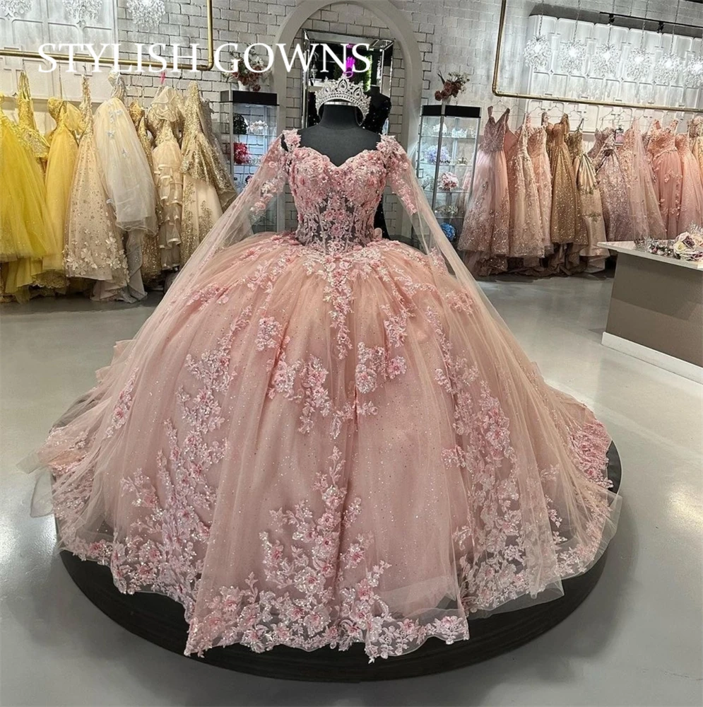 

Princess Pink Sweetheart Ball Gown Quinceanera Dresses For Girls Beaded Appliques Celebrity Party Gowns Graduation Robe De Bal