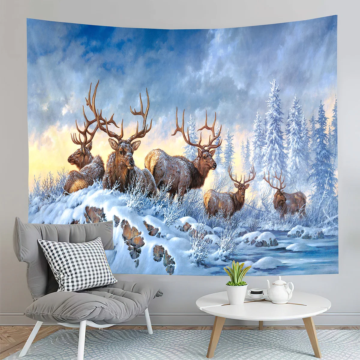 

Animal Elk Tapestry Forest Elves Tapestry Winter Snow Forest Tapestry Art Wall Hanging Home Living Room Bedroom Dorm Tapestries