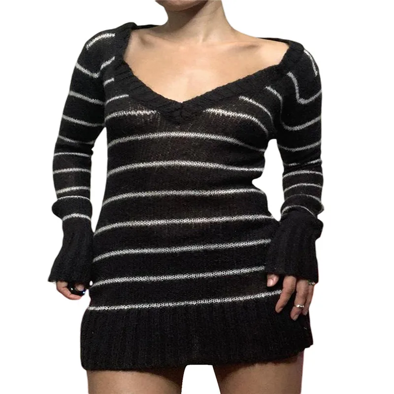 Black Stripe Mini Sweater Dress for Women Y2k Long Sleeve Knitted Bodycon Short Dress Sexy Ribbed Pullover Tunic Dress Autumn
Black Stripe Mini Sweater Dress for Women Y2k Long Sleeve Knitted Bodycon Short Dress Sexy Ribbed Pullover Tunic Dress Autumn