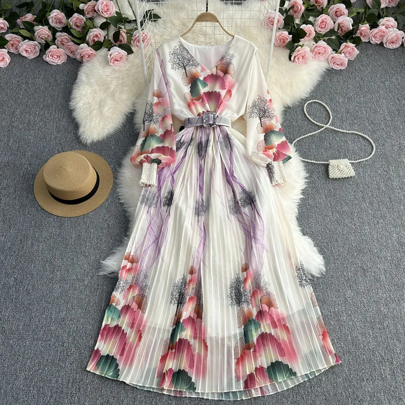 

Painted with Belt Pleated Dress Summer New Fashion Slim Colored Long Sleeve Temperament Celebrity Dress Women Long Boho Dress