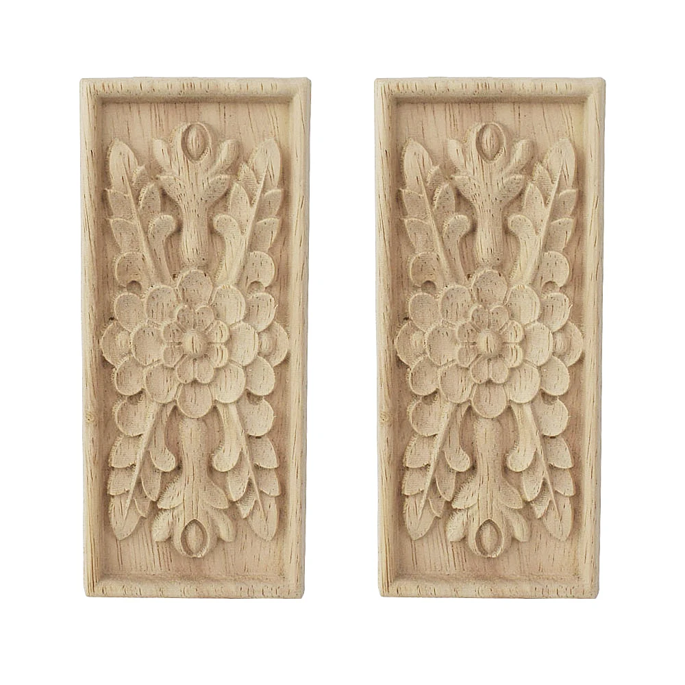 

2PCS Woodcarving Floral Decoration Style Rectangle Wood Applique Patch Carved Flower Bed Furniture Cabinet Figurine Home Decor