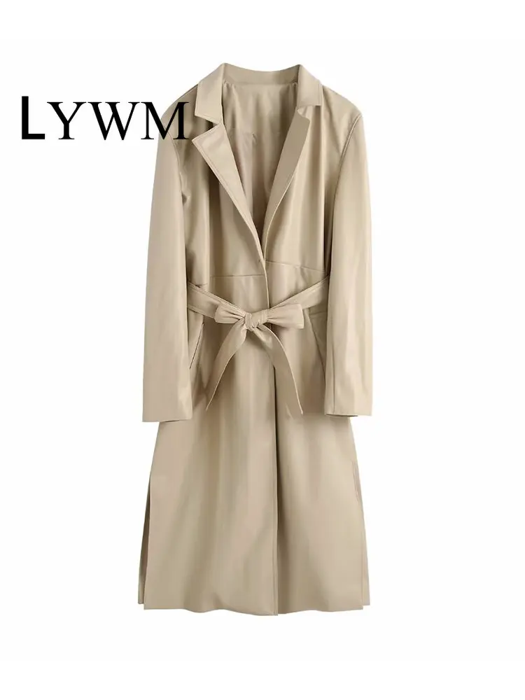 

LYWM Women Fashion With Belt Solid Side Slit Trench Coat Vintage Long Sleeves Notched Neck Windbreaker Female Outfits