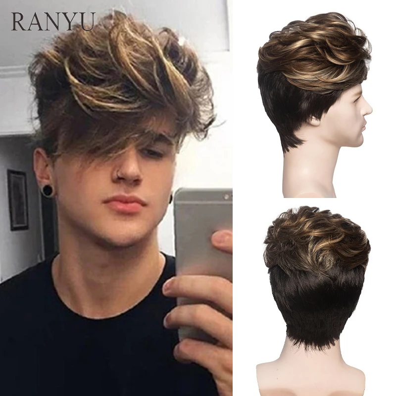 

RANYU Men Short Synthetic Wig Wavy Curly Black Brown Ombre Wig for Daily Party Cosplay Heat Resistant