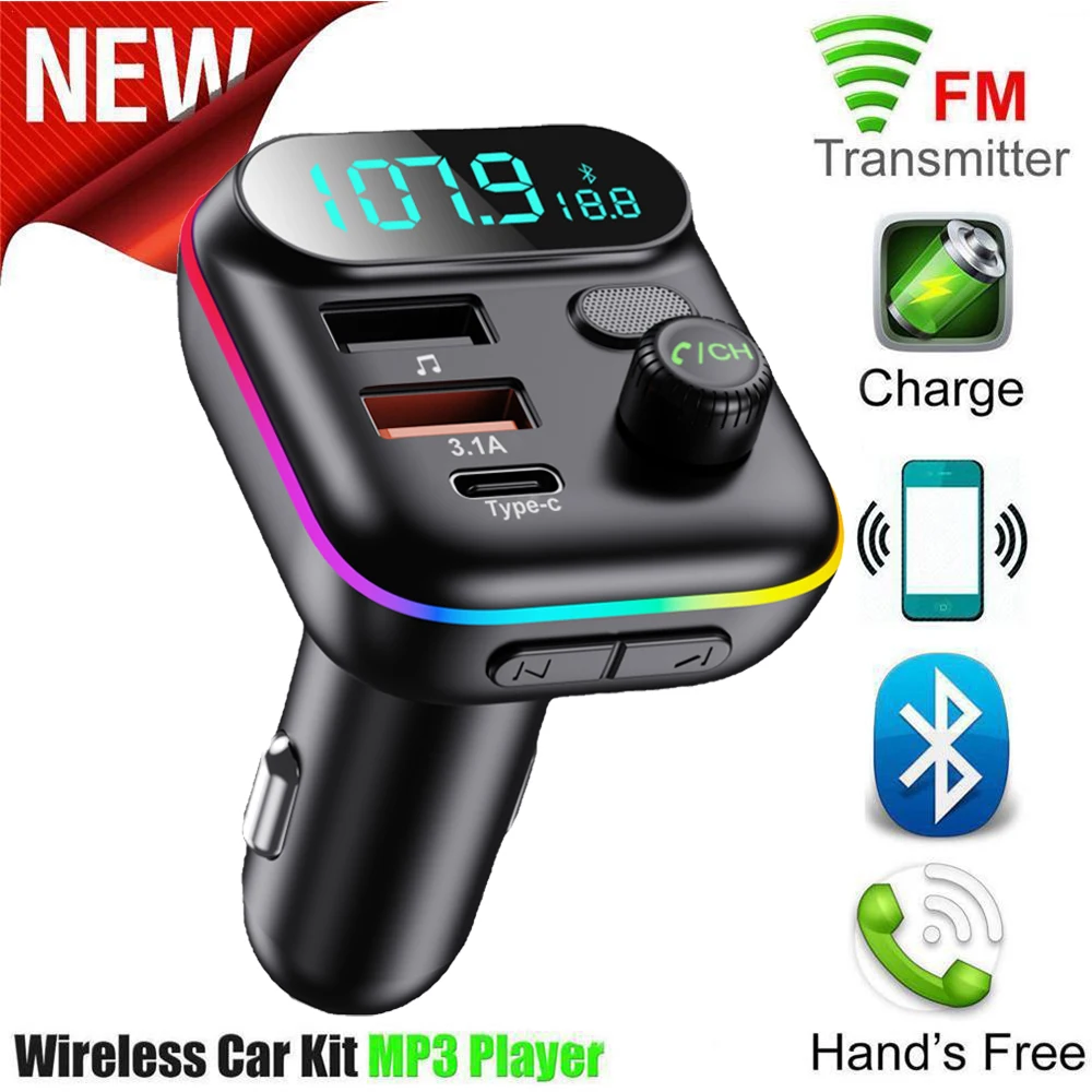 

Car Bluetooth 5.0 FM Transmitter QC3.0 PD Type C Dual Usb Car Fast Charger Ambient Light Handsfree Mp3 Player Support TF Card