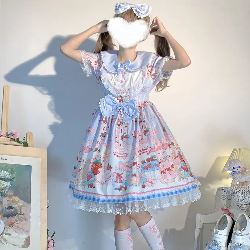 Blue Japanese Sweet Lolita OP Dress Summer Girls Cute Lace Bow Strawberry Bunny Tea Party Dresses Women Harajuku Kawaii Vestidos
Blue Japanese Sweet Lolita OP Dress Summer Girls Cute Lace Bow Strawberry Bunny Tea Party Dresses Women Harajuku Kawaii Vestidos