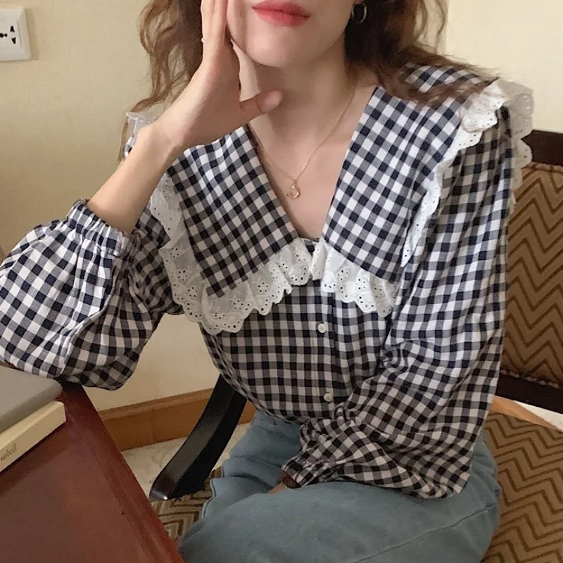 Women's Shirt Korean Chic French Lapel Plaid Doll Shirt Single Down Loose Long Sleeve Shirt Women
Women's Shirt Korean Chic French Lapel Plaid Doll Shirt Single Down Loose Long Sleeve Shirt Women