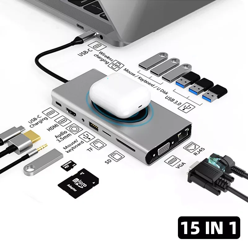 15 In 1 Type C HUB Dock Docking Station USB HUB Type C To HDMI-compatible Wireless Charging USB 3.0 Adapter Laptop Accessories
15 In 1 Type C HUB Dock Docking Station USB HUB Type C To HDMI-compatible Wireless Charging USB 3.0 Adapter Laptop Accessories