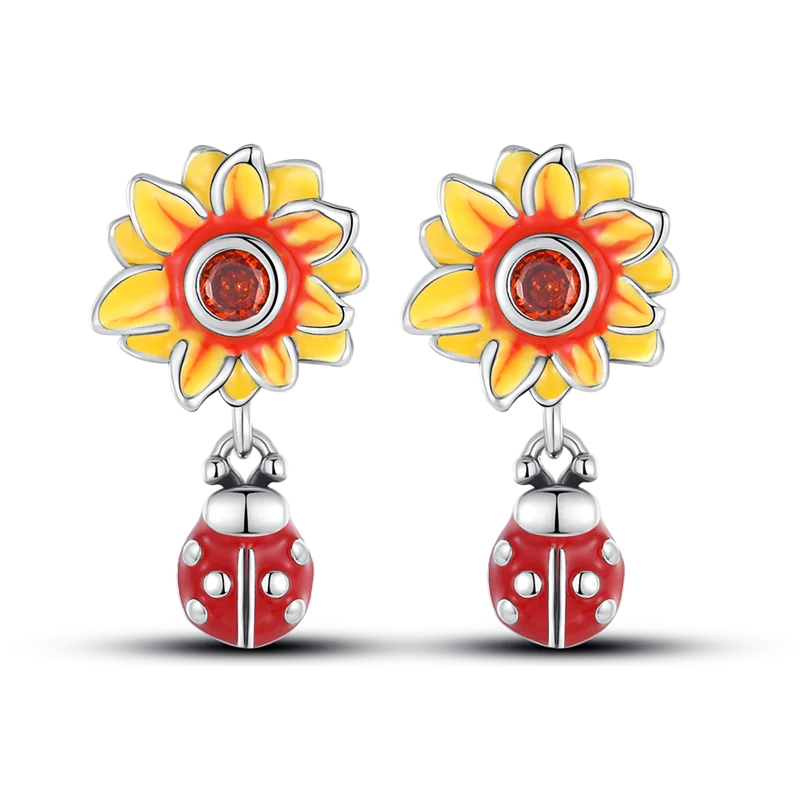 

Luxury 925 Sterling Silver Charm Fashion Sunflower Ladybug Earrings For Women Pave CZ Fine Engagement Anniversary Jewelry Gifts