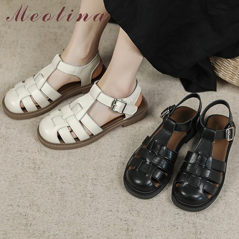 

Meotina Women Gladiator Sandals Round Toe Flats Buckle T-Tied Platform Concise Lady Fashion Casual Shoes Summer Black Apricot 43