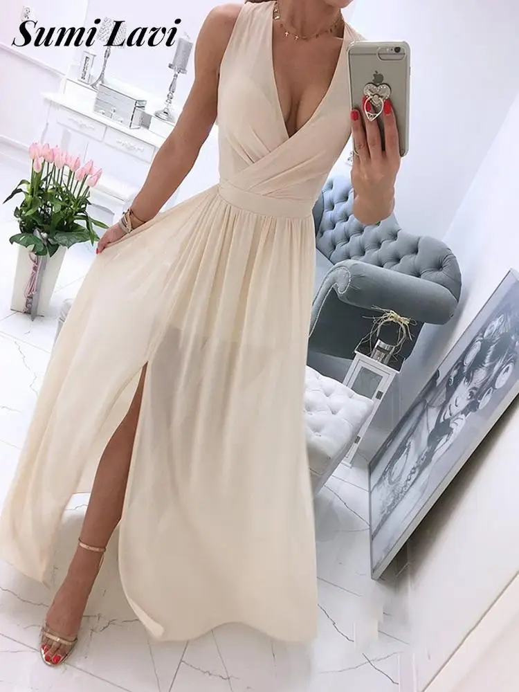 Summer Women Waist Solid Long Dress Elegant V Neck Sleeveless Maxi Dress Fashion High Waist Pleated Big Hem Slit Chiffon Dresses
Summer Women Waist Solid Long Dress Elegant V Neck Sleeveless Maxi Dress Fashion High Waist Pleated Big Hem Slit Chiffon Dresses