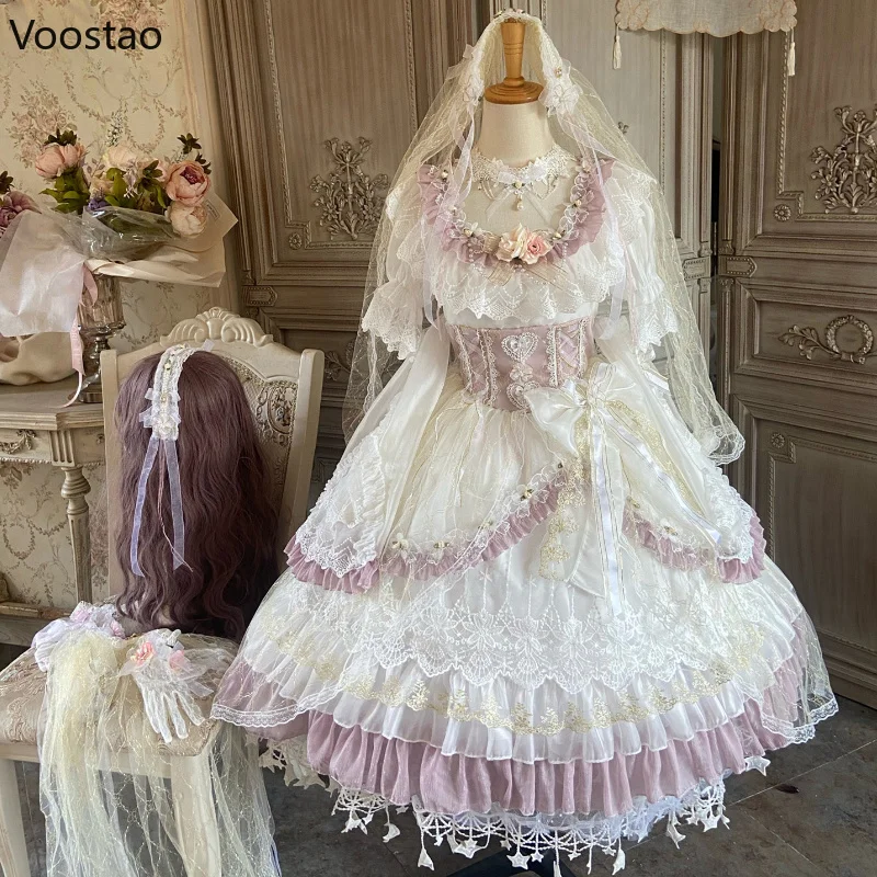 

Japanese Victoria Vintage Princess Lolita Dress Women's Elegant Flower Bud Silk Mesh Evening Party Wedding Dress Girl