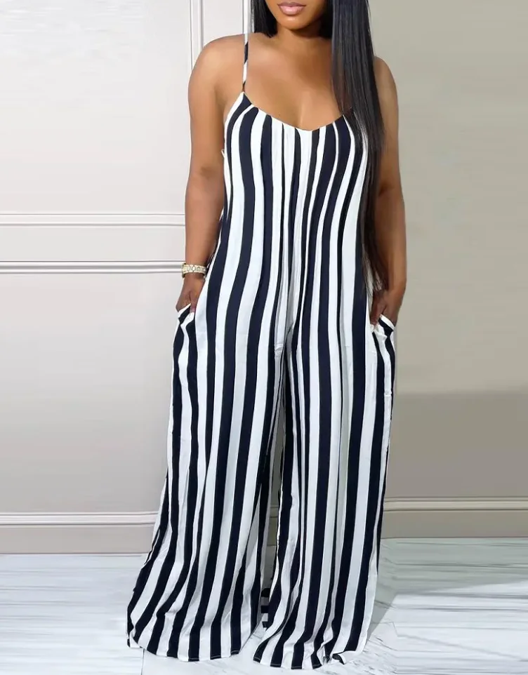 2022 Women's Summer Jumpsuit Casual Chic Striped Print V-Neck Spaghetti Strap Wide Leg Long Pocket Backless Jumpsuit
2022 Women's Summer Jumpsuit Casual Chic Striped Print V-Neck Spaghetti Strap Wide Leg Long Pocket Backless Jumpsuit