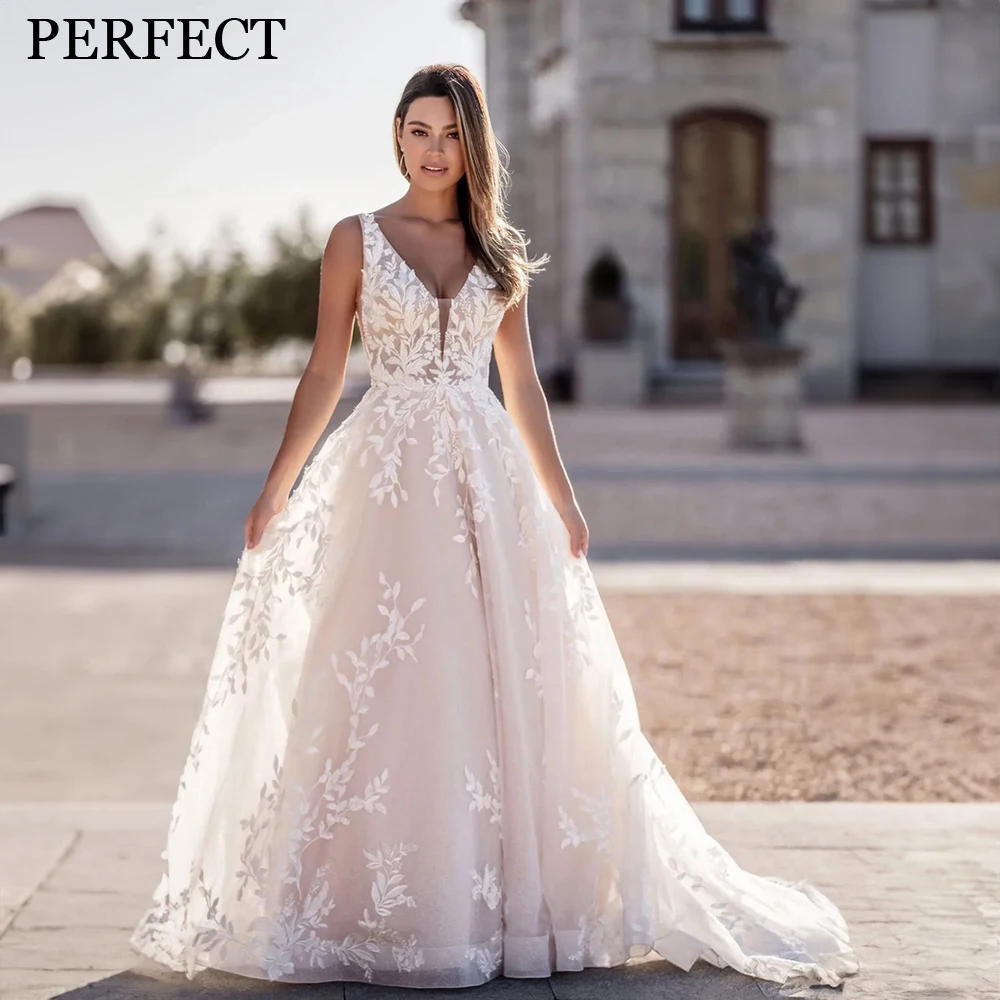 PERFECT Exquisite Wedding Dresses For Woman A-line V-Neck Open Back Appliques Sleeveless Stunning Bridal Gowns Vestidos De Novia
PERFECT Exquisite Wedding Dresses For Woman A-line V-Neck Open Back Appliques Sleeveless Stunning Bridal Gowns Vestidos De Novia