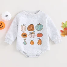 2023-06-12 Lioraitiin 0-18M Infant Baby Halloween Bodysuit Long Sleeve Crew Neck Pumpkin Print Fall Clothes for Girls Boys
