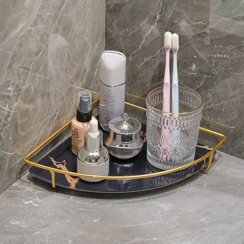 

Modern Metal Frame Imitation Marble Glass Bottom Plate Wash Countertop Corner Toiletries Triangle Storage Rack Box Decoration