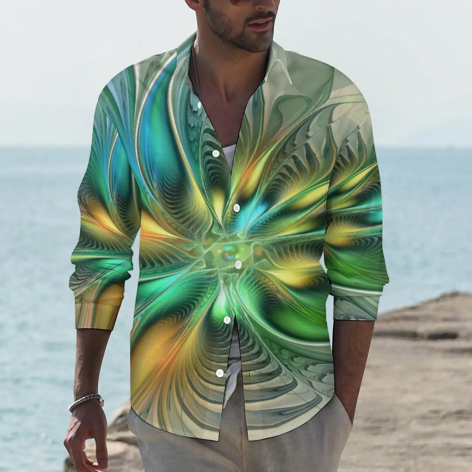 

Рубашка мужская повседневная с абстрактным цветочным принтом, цветная блузка с длинным рукавом, смешная Весенняя Дизайнерская одежда, 3XL, 4XL