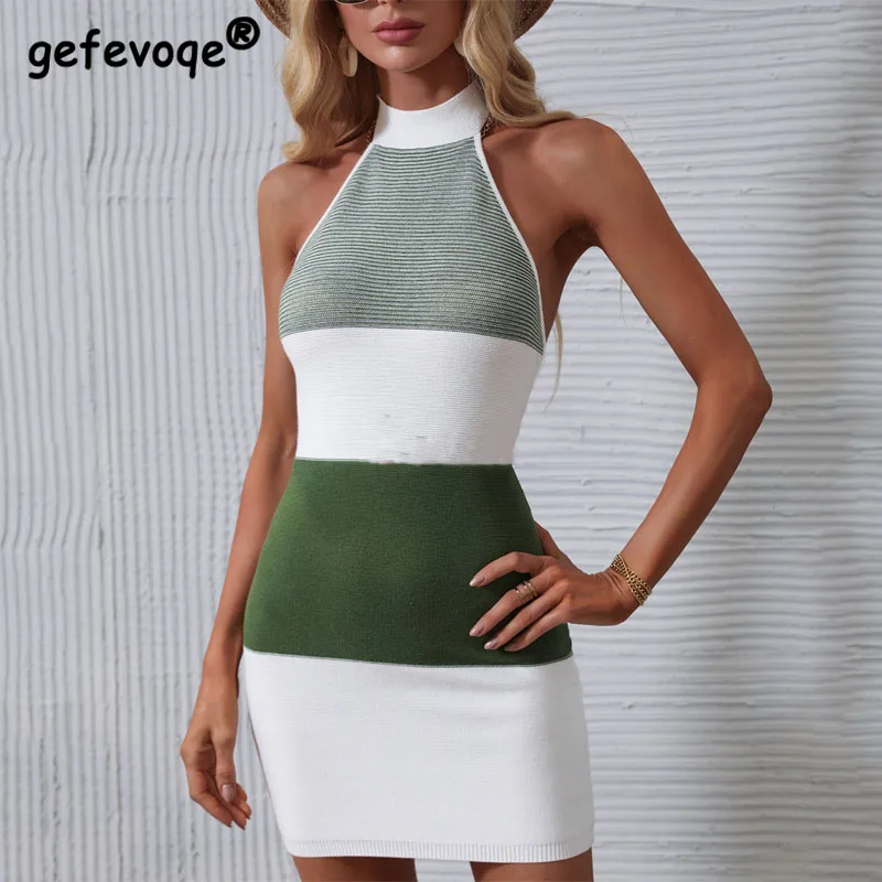 Summer Women Sexy Halter Bandage Backless Sleeveless Bodycon Evening Party Club Mini Dress Knitted Splicing Off Shoulder Dresses 
Summer Women Sexy Halter Bandage Backless Sleeveless Bodycon Evening Party Club Mini Dress Knitted Splicing Off Shoulder Dresses