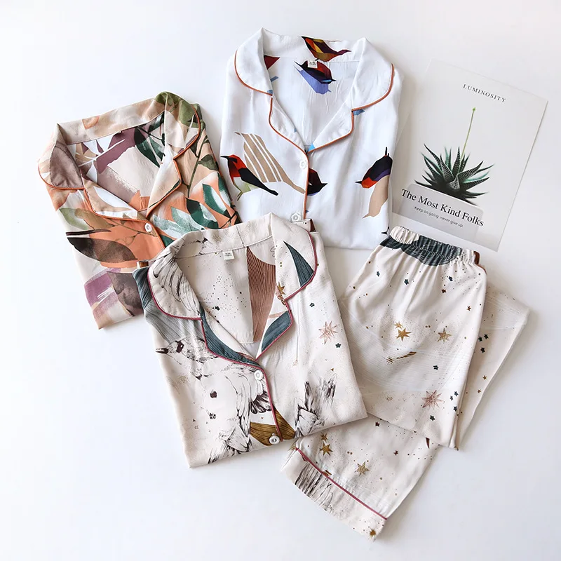 2 Pieces Suit Viscose Women Pajamas Casual Turn-down Collar Long Sleeve Sleepwear Printed Summer Pyjama Pant Female Homewear
2 Pieces Suit Viscose Women Pajamas Casual Turn-down Collar Long Sleeve Sleepwear Printed Summer Pyjama Pant Female Homewear