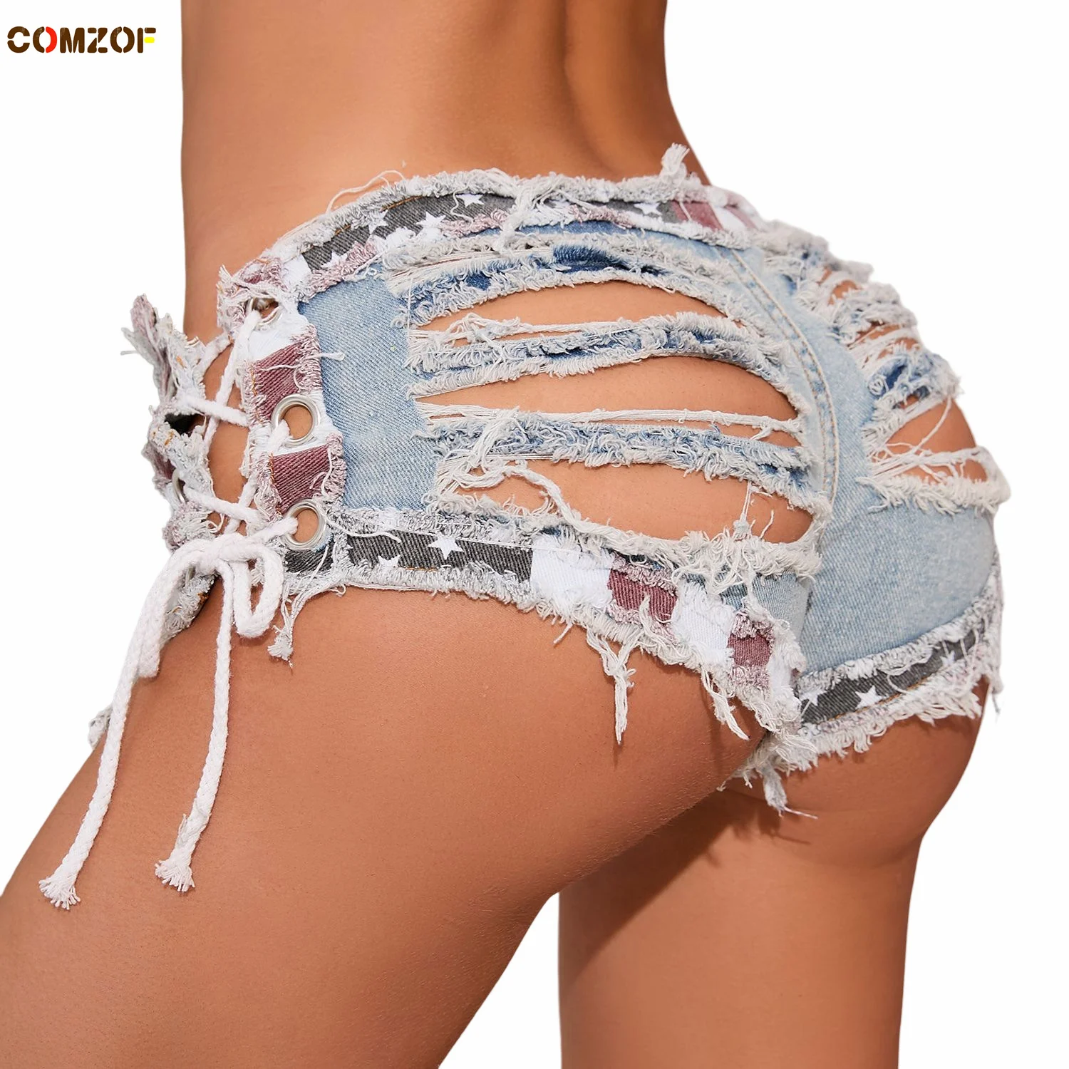 

Hole Hollow Out Women Denim Shorts Bandage Sexy Polo Dance Hot Jeans USA Flag Night Club Shorts Low Waist Vetement Femme