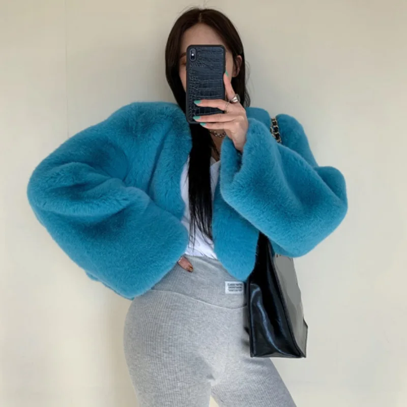 

Rimocy Blue Furry Faux Fur Cropped Coats Women Winter 2022 Thicken Warm Plush Cadigan Coat Woman Long Sleeve Ladies Mink Coats
