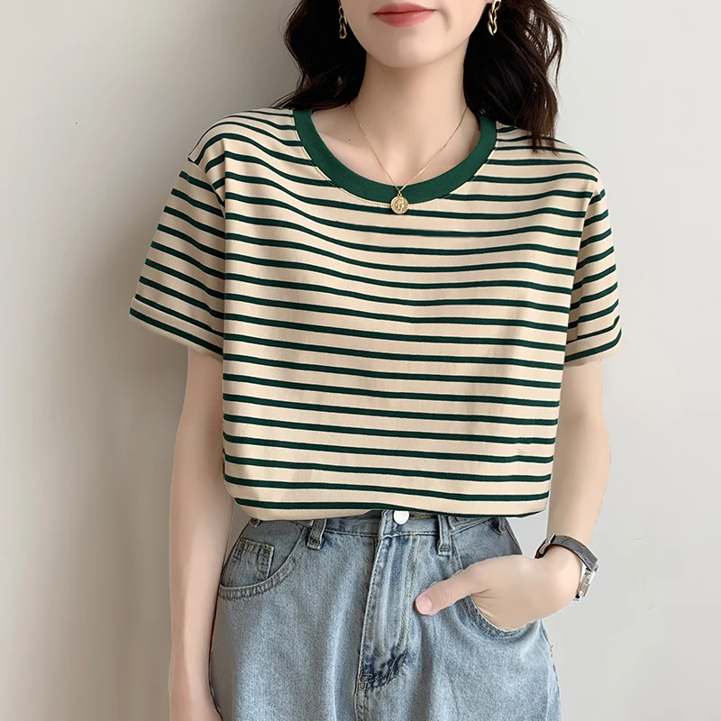 Retro striped short-sleeved t-shirt women's summer 2022 new women's color contrast stitching wild round neck top
Retro striped short-sleeved t-shirt women's summer 2022 new women's color contrast stitching wild round neck top