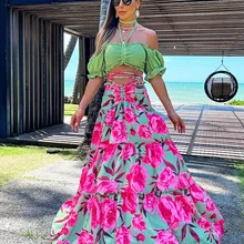 Two Piece Set For Women High Waist Skirt Off-shoulder Top Bandage Clothing A-line Ladies Dresses Summer Beach Vacation Skirt Set