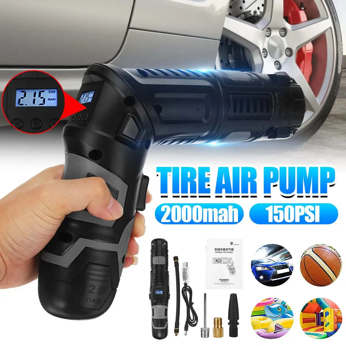 150PSI handheld Car Tire Inflator Digital Bicycle Pump Electric Air Battery Compressor Rechargeable Air Pump Tire Air Injector
150PSI handheld Car Tire Inflator Digital Bicycle Pump Electric Air Battery Compressor Rechargeable Air Pump Tire Air Injector