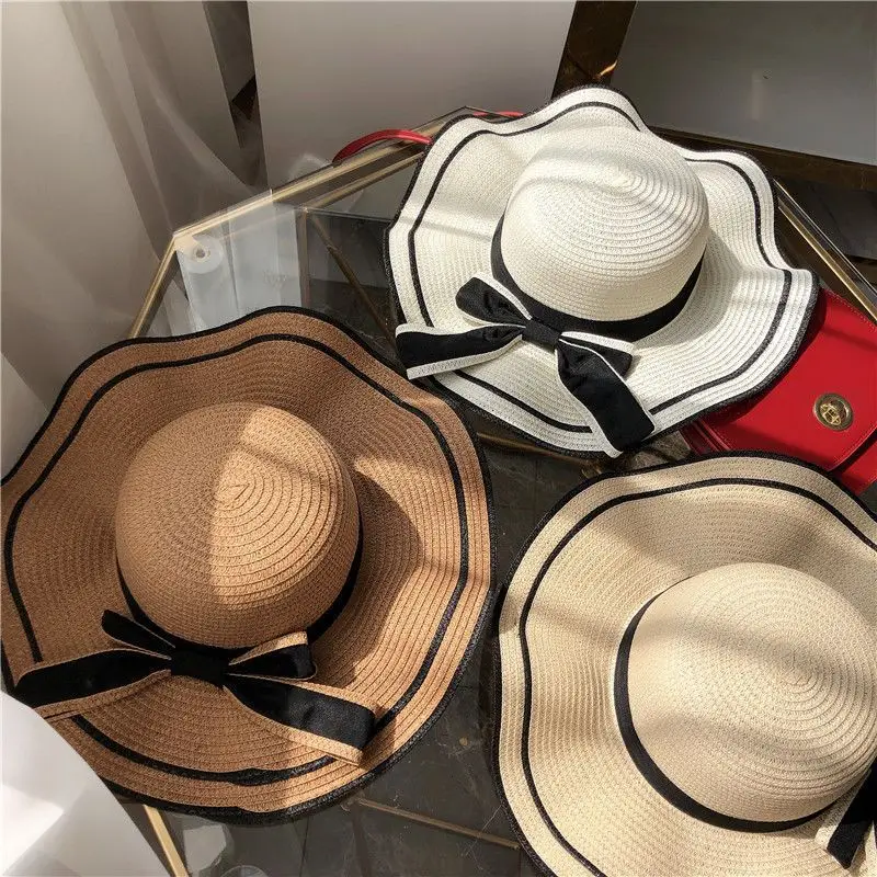 

New Summer Women's Boater Beach Hat Wide Side Female Casual Panama Hat Lady Classic Flat Bowknot Straw Sun Hat Women Fedora Gift