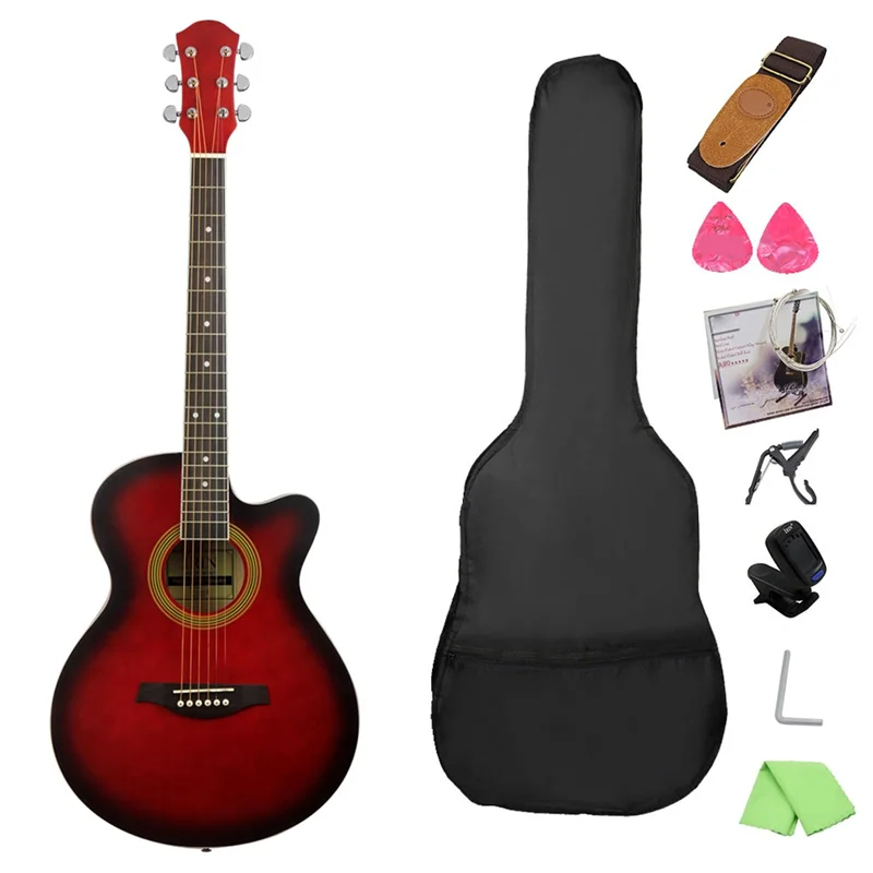 40 inch folk guitar red color student teaching cutaway wooden guitar music stringed instrument with a full set of accessories
40 inch folk guitar red color student teaching cutaway wooden guitar music stringed instrument with a full set of accessories