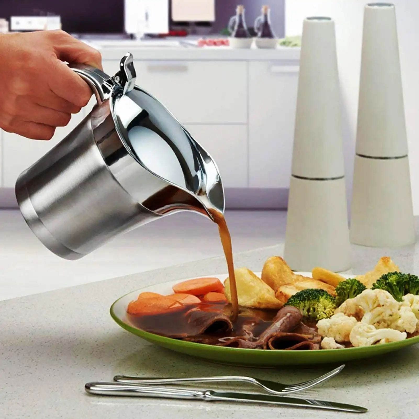 304 Stainless Steel Double Layer Insulation Flavor Sauce Pot Gravy Boat Serving Jug Kitchen Utensils 450ml
304 Stainless Steel Double Layer Insulation Flavor Sauce Pot Gravy Boat Serving Jug Kitchen Utensils 450ml
