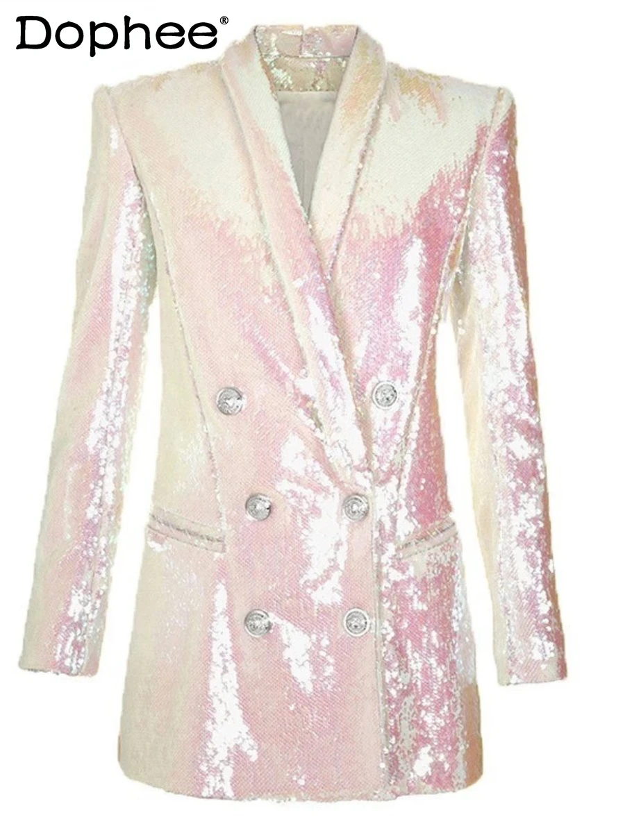 Runway Temperament Lapel Long Sleeve Sequined Double Breasted Long Blazer Coat Women High Quality Casual Suit Jacket Outerwear
Runway Temperament Lapel Long Sleeve Sequined Double Breasted Long Blazer Coat Women High Quality Casual Suit Jacket Outerwear