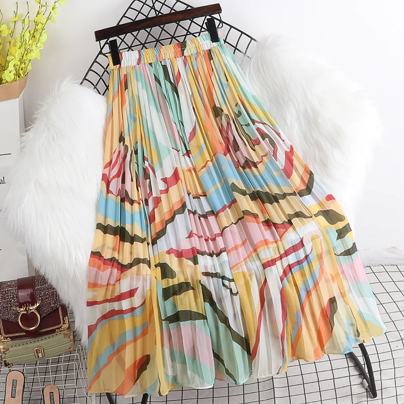 Women Summer Pleated Skirt Fashion High Waist Swing Midi Skirt Female Korean Style Colorful Print A-line Skirt Saia Feminina 
Women Summer Pleated Skirt Fashion High Waist Swing Midi Skirt Female Korean Style Colorful Print A-line Skirt Saia Feminina