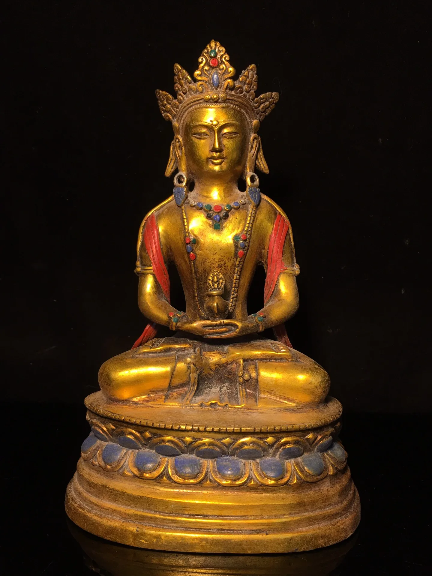 10" Tibetan Temple Collection old bronze painted Gilt Longevity Buddha Tibetan Buddha lotus platform worship buddha Town house
10" Tibetan Temple Collection old bronze painted Gilt Longevity Buddha Tibetan Buddha lotus platform worship buddha Town house